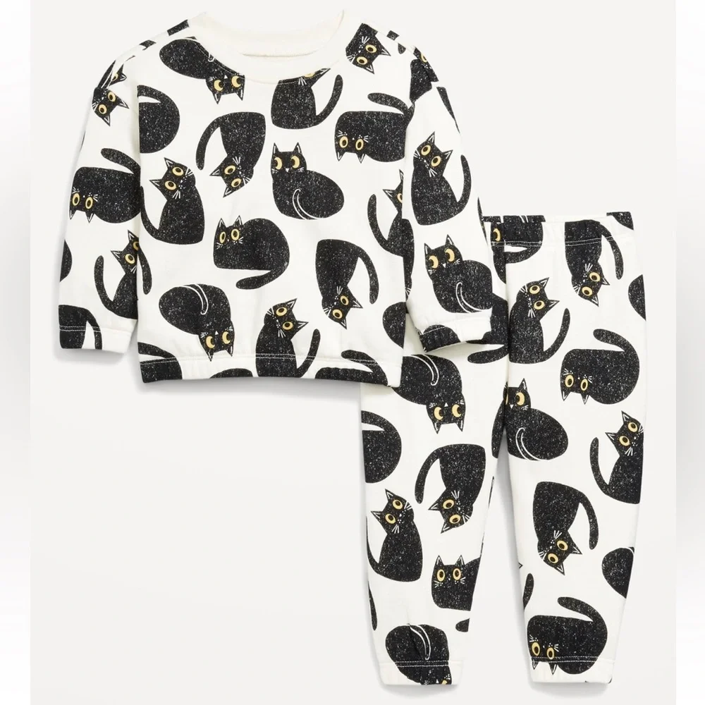 Old Navy Kids Sweatshirt Sweatpants Set with Black Cat Design Joggers Track Suit